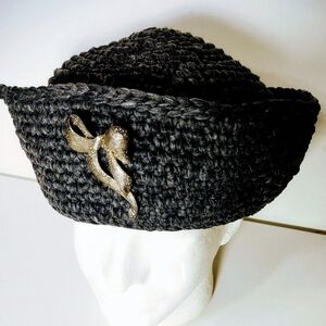 Gray Crocheted Sailor Hat with Pewter Ribbon Brooch Accent NEW